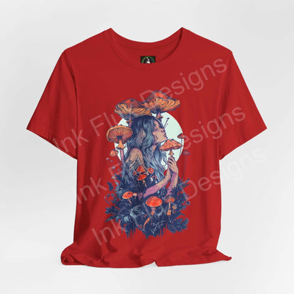 Red unisex T-shirt featuring bold, psychedelic graphic of a woman with mushroom and floral elements, perfect for a trippy, stylish look.