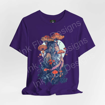 Purple unisex graphic tee featuring psychedelic mushroom and lady design, with bold, trippy visuals on Airlume cotton, by Bella+Canvas.