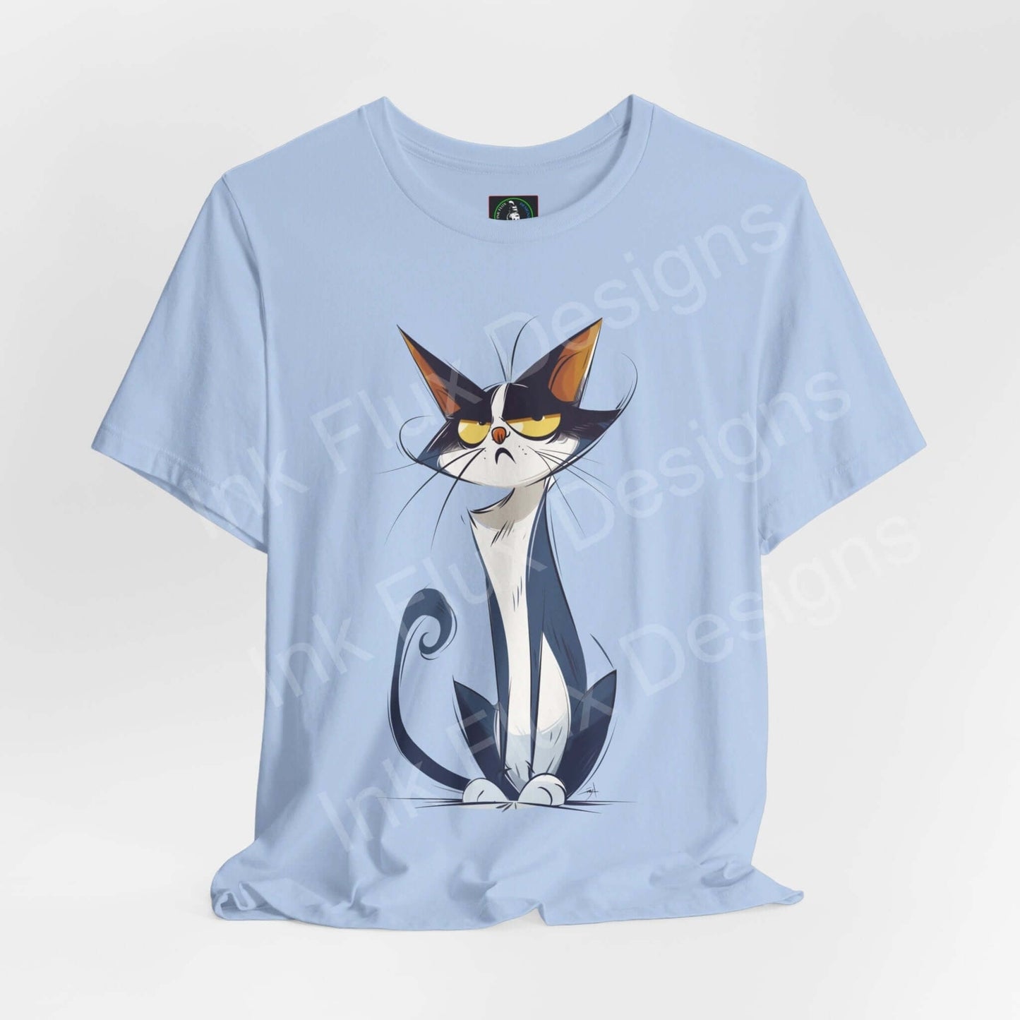 Light blue unisex T-shirt with graphic design of a stylized cat wearing sunglasses, named Naughty Cat III, ideal for cat and shirt enthusiasts.
