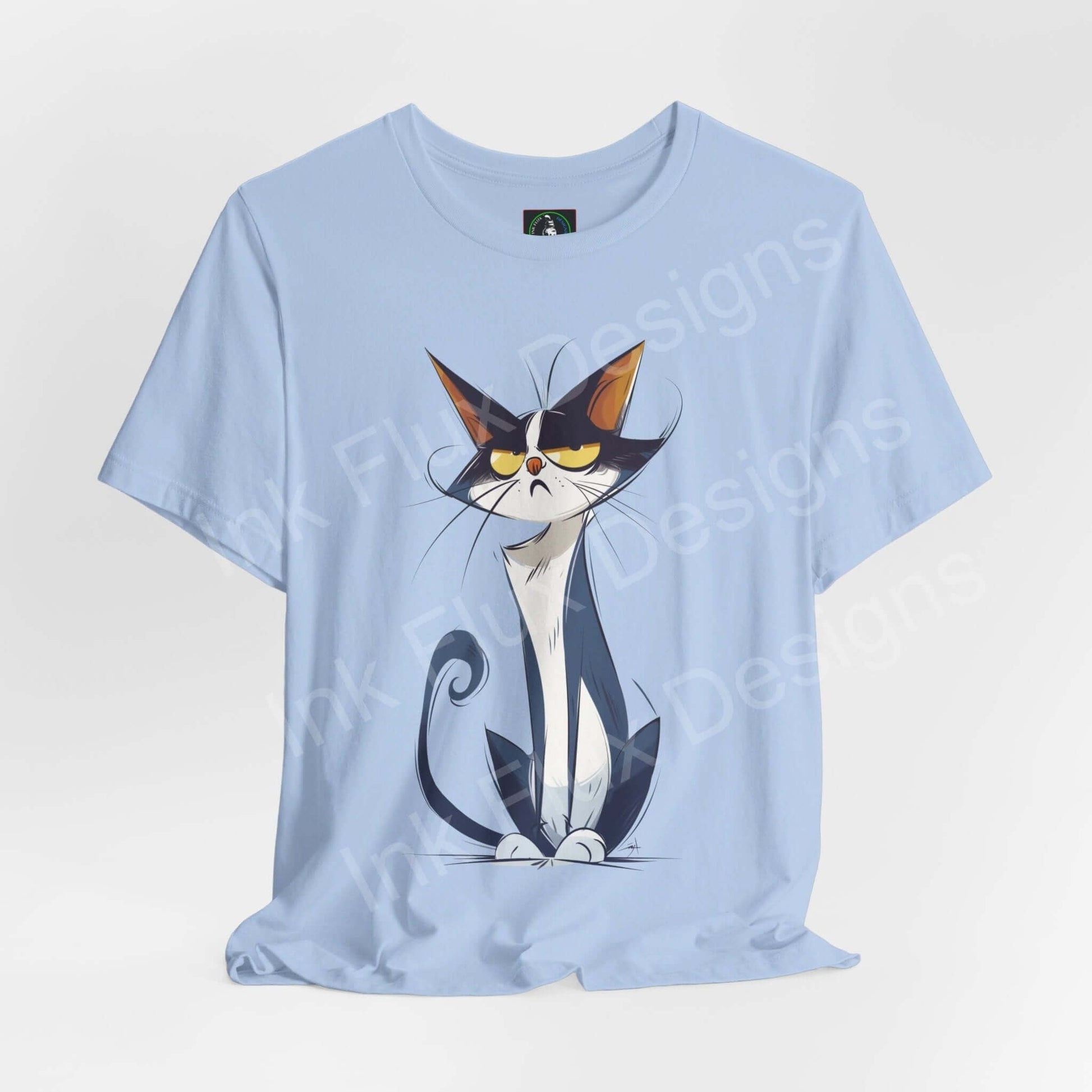 Light blue unisex T-shirt with graphic design of a stylized cat wearing sunglasses, named Naughty Cat III, ideal for cat and shirt enthusiasts.