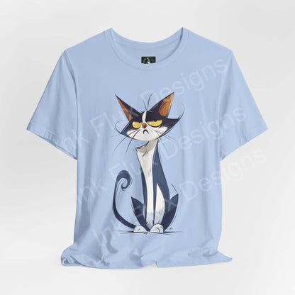 Light blue unisex T-shirt with graphic design of a stylized cat wearing sunglasses, named Naughty Cat III, ideal for cat and shirt enthusiasts.
