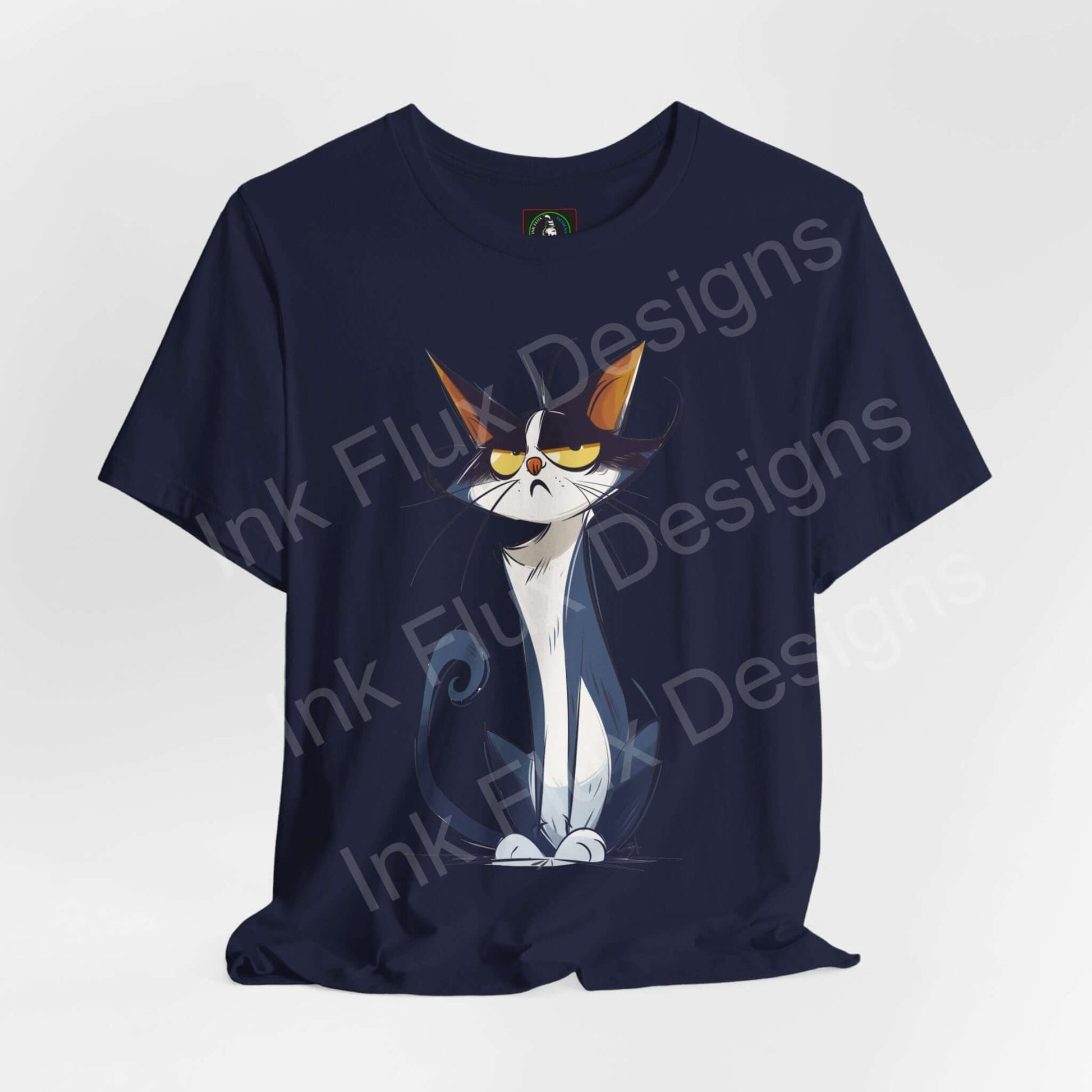Navy blue T-shirt with graphic design of a cartoon cat wearing sunglasses, under the product line Naughty Cat III, ideal for cat lovers and casual wear.