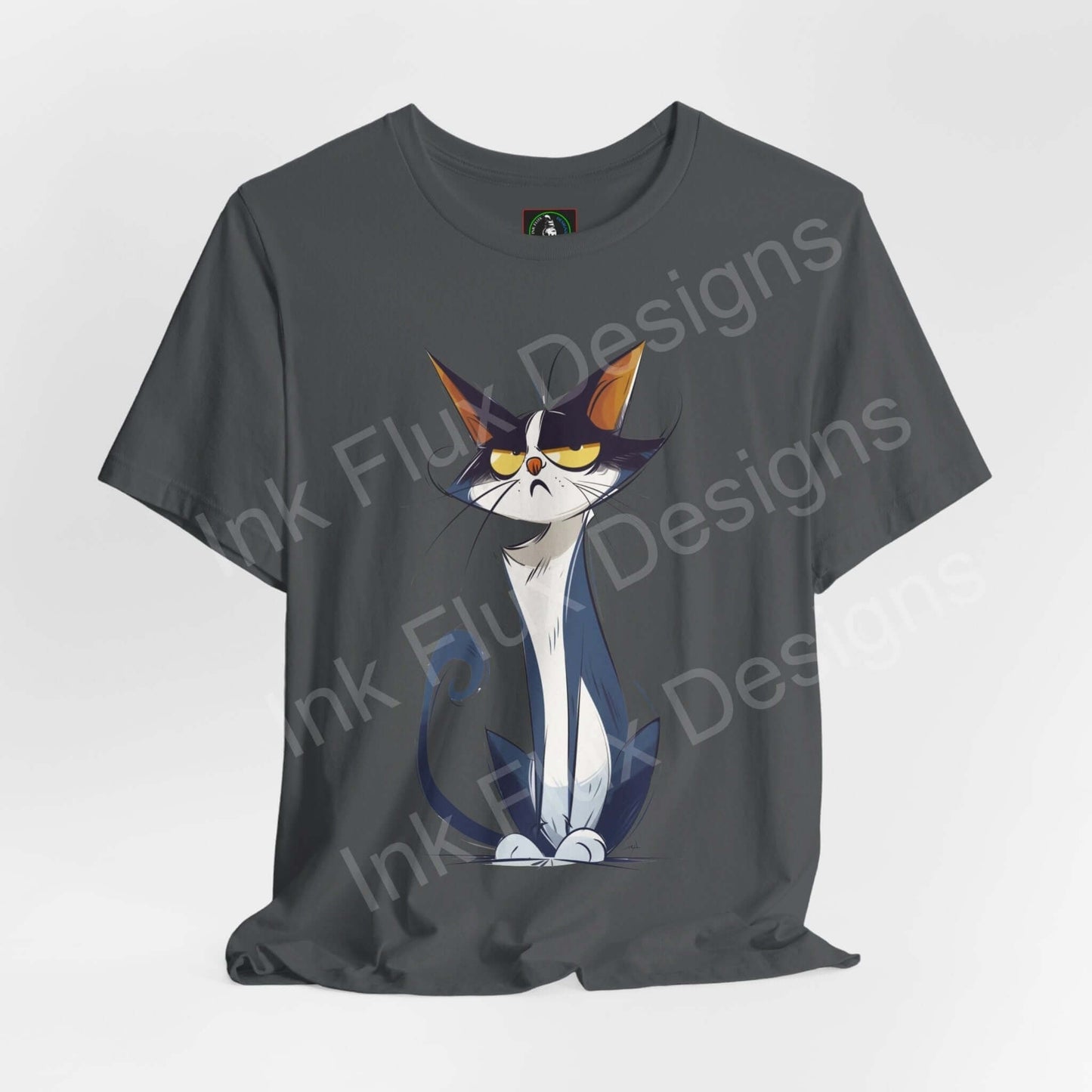 Graphic tee featuring a cartoon cat design on a dark gray shirt, ideal for fans of unique cat-themed apparel.