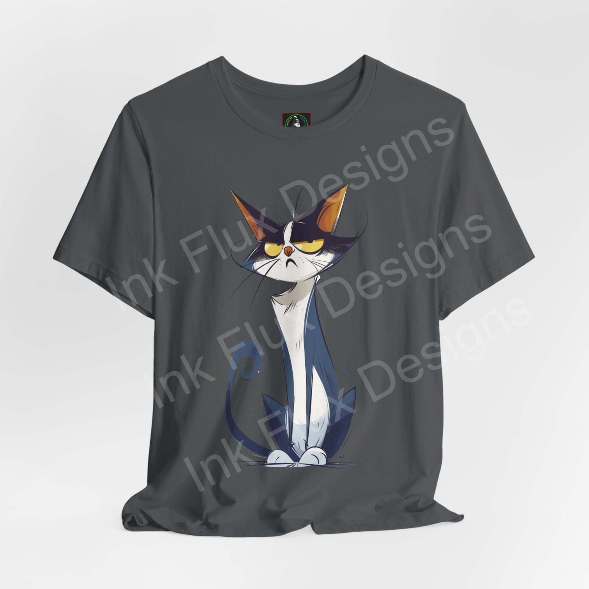 Graphic tee featuring a cartoon cat design on a dark gray shirt, ideal for fans of unique cat-themed apparel.
