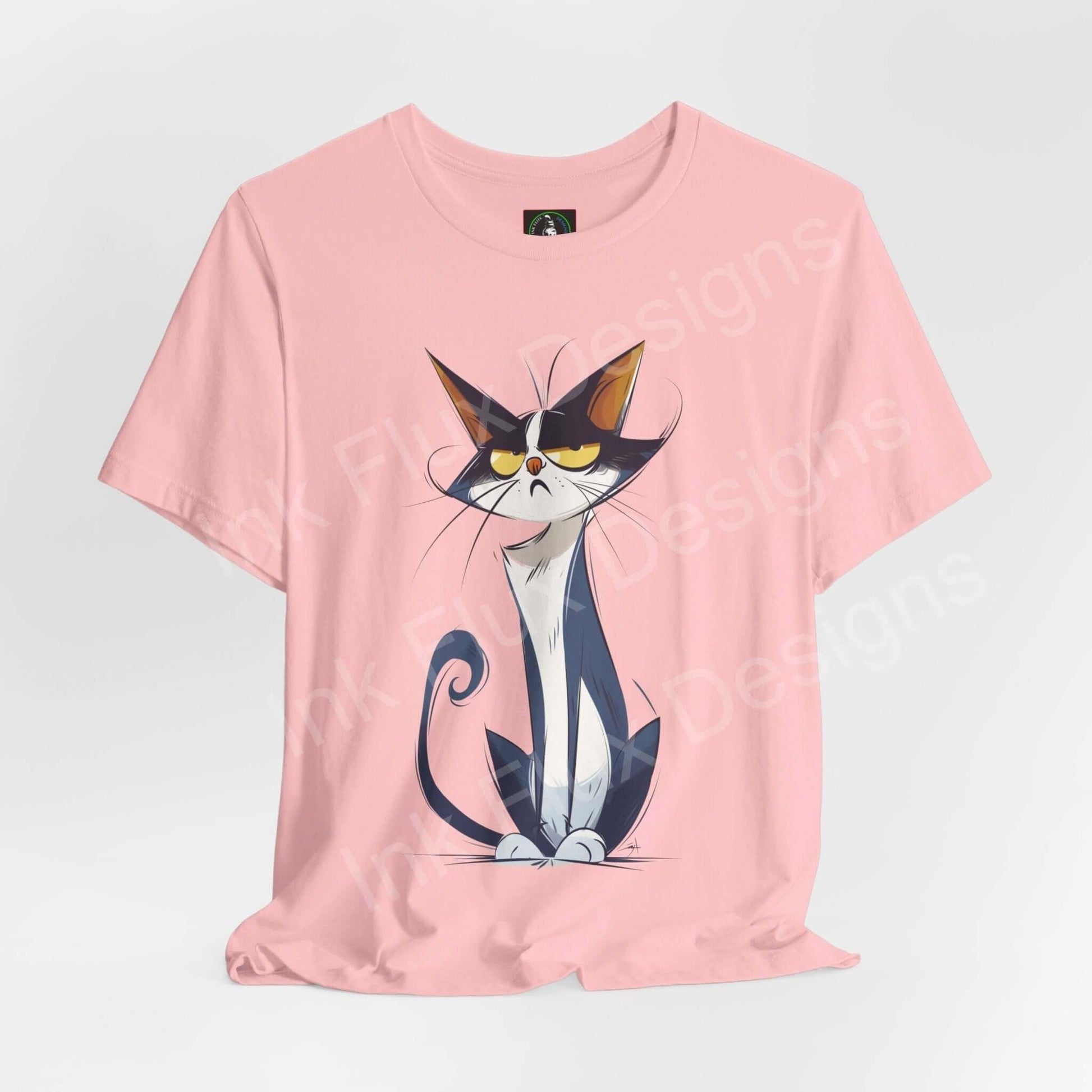 Pink unisex T-shirt featuring a graphic of a stylish, naughty cat design, ideal for cat lovers and graphic tee enthusiasts.