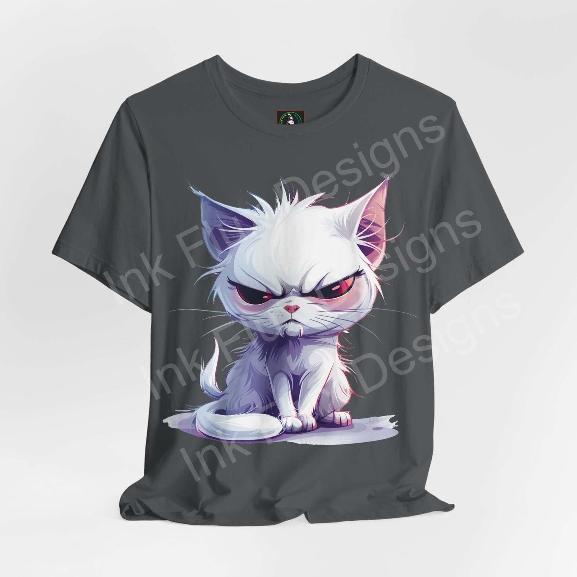 Naughty Cat graphic tee featuring a stylized white cat design on a charcoal gray T-shirt, perfect for cat lovers and casual wear.