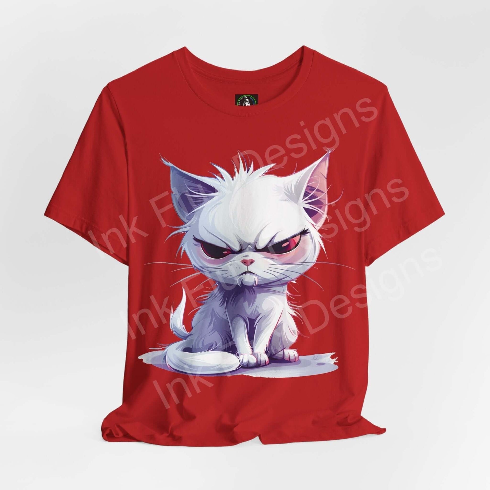 Red unisex T-shirt featuring a graphic of a naughty white cat with a fierce expression, ideal for cat lovers and graphic tee enthusiasts.