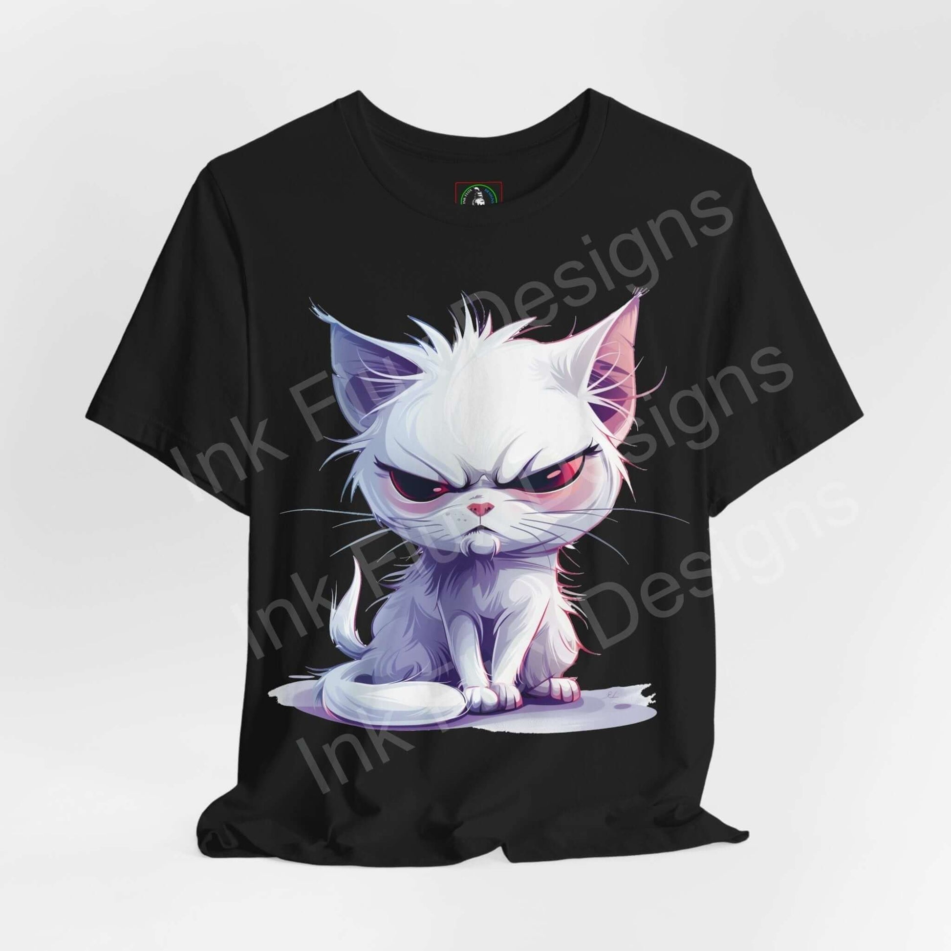 Black unisex graphic T-shirt featuring a cartoon-style grumpy white cat design, ideal for cat lovers and casual wear.