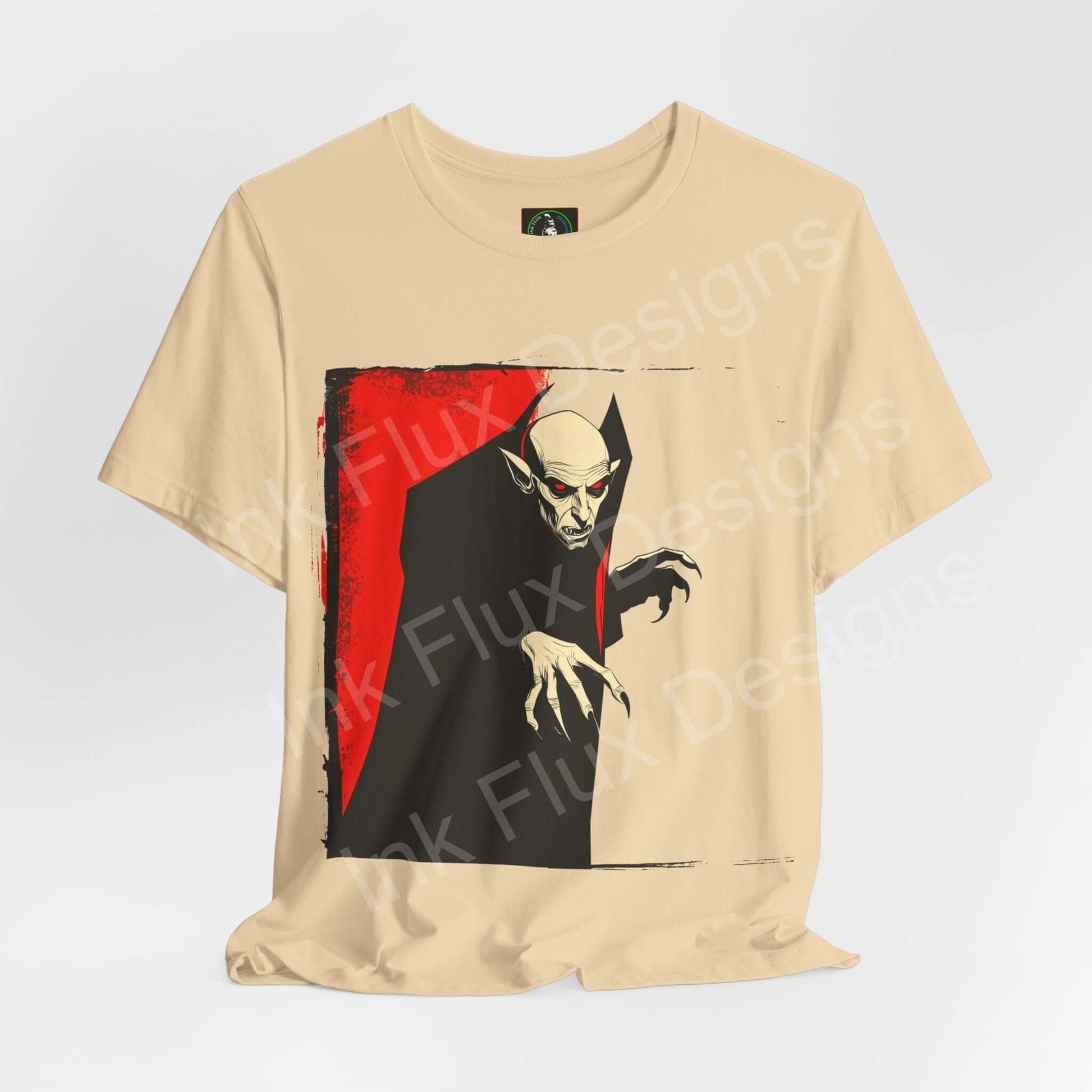 Nosferatu graphic tee in beige, featuring a classic vampire design, ideal for Halloween. Ethically made unisex T-shirt from Bella+Canvas.