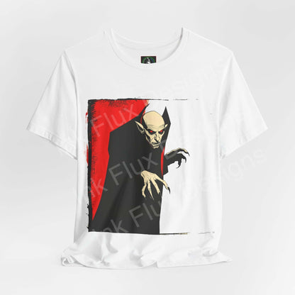 Halloween-themed Nosferatu graphic tee featuring a stylized vampire design on a white, unisex Bella+Canvas T-shirt.