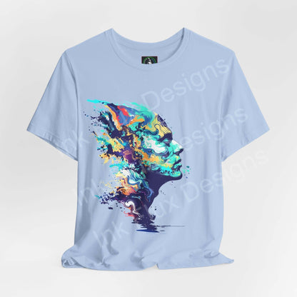 Unisex light blue jersey T-shirt featuring a bold, psychedelic portrait graphic in vibrant colors, perfect for a trippy, stylish look.