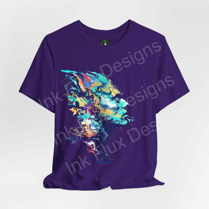 Unisex purple T-shirt with vibrant, psychedelic graphic design in bold colors, made from breathable Airlume cotton, by Bella+Canvas.