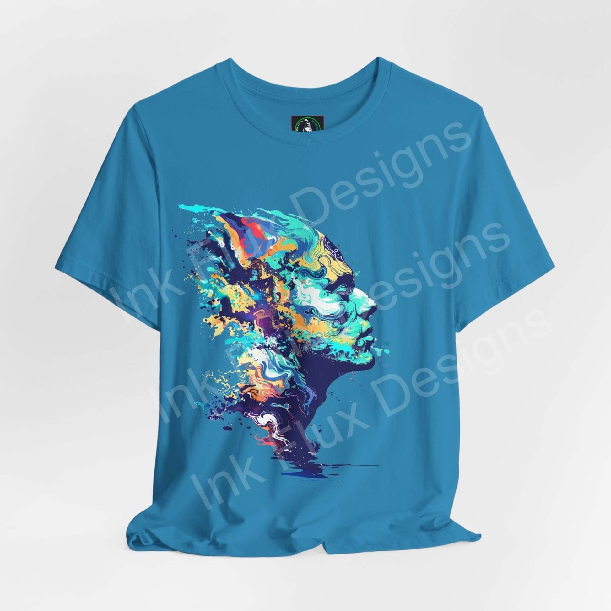Bold graphic psychedelic portrait on a blue unisex T-shirt, featuring trippy, vibrant splashes of color in a modern art style.