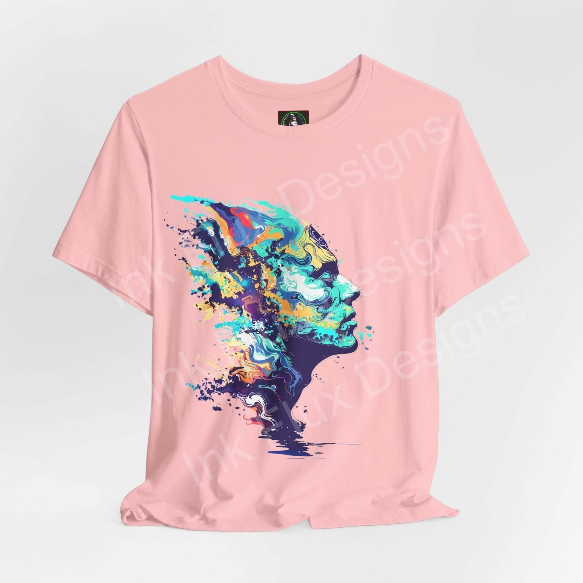 Pink unisex T-shirt featuring a bold, psychedelic portrait with vibrant, trippy graphics, ideal for lovers of unique graphic tees.