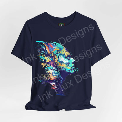Navy blue unisex T-shirt featuring a bold, psychedelic graphic print in vibrant colors, ideal for fans of trippy and stylish tees.