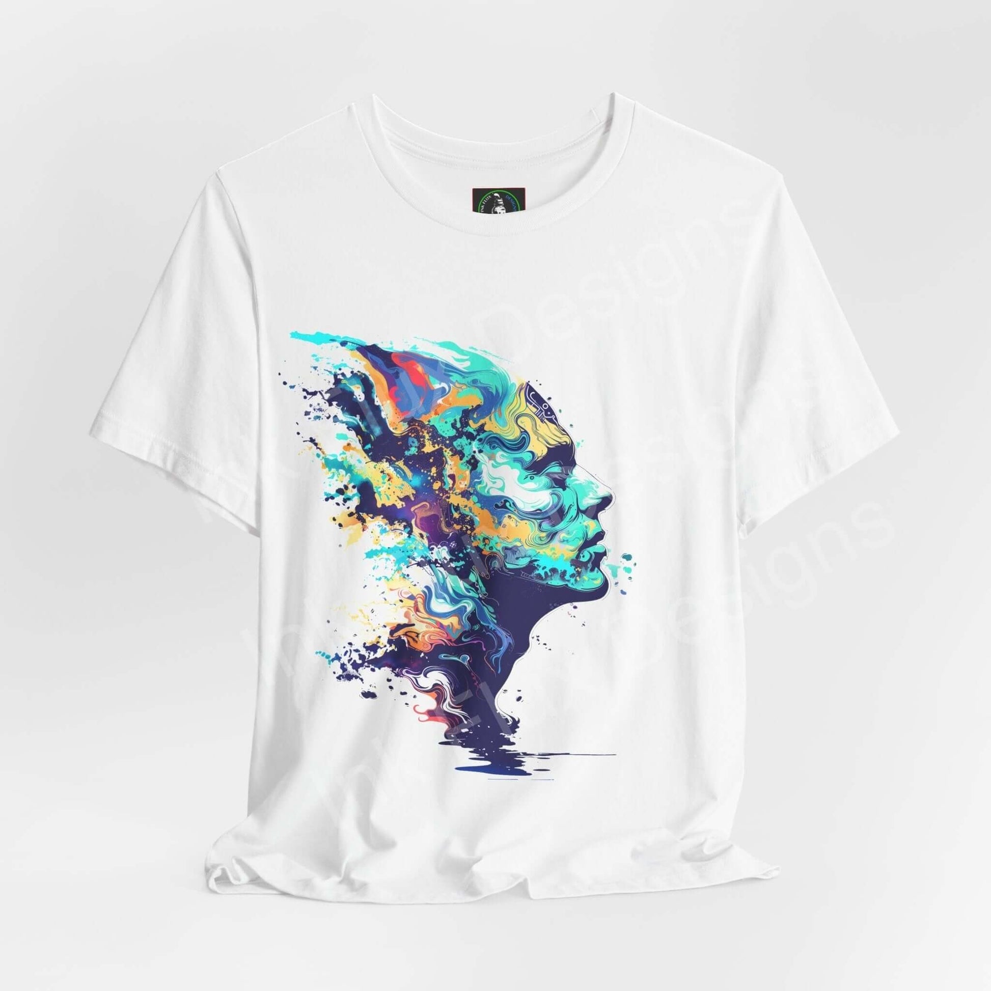 White unisex T-shirt featuring a bold, psychedelic portrait graphic with vibrant, trippy colors, perfect for those who love stylish graphic tees.