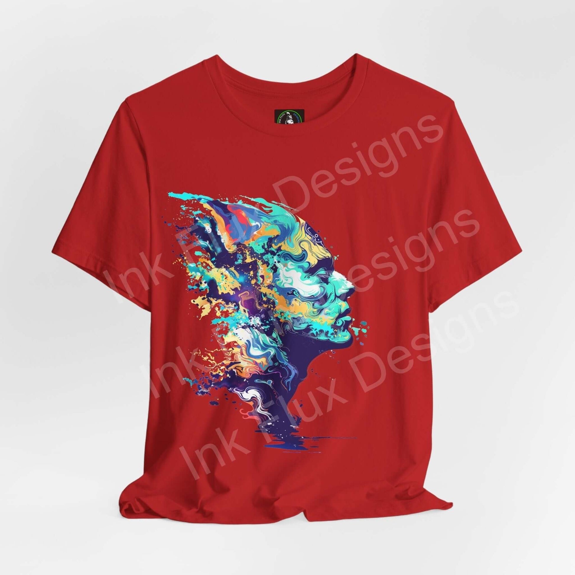 Red unisex T-shirt featuring a bold, psychedelic graphic print in vibrant colors, ideal for those who appreciate trippy and unique tees.