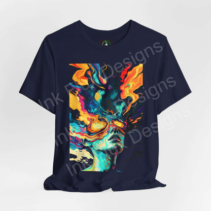 Navy blue unisex T-shirt featuring bold, psychedelic graphic of a colorful, trippy face design, from Bella+Canvas.