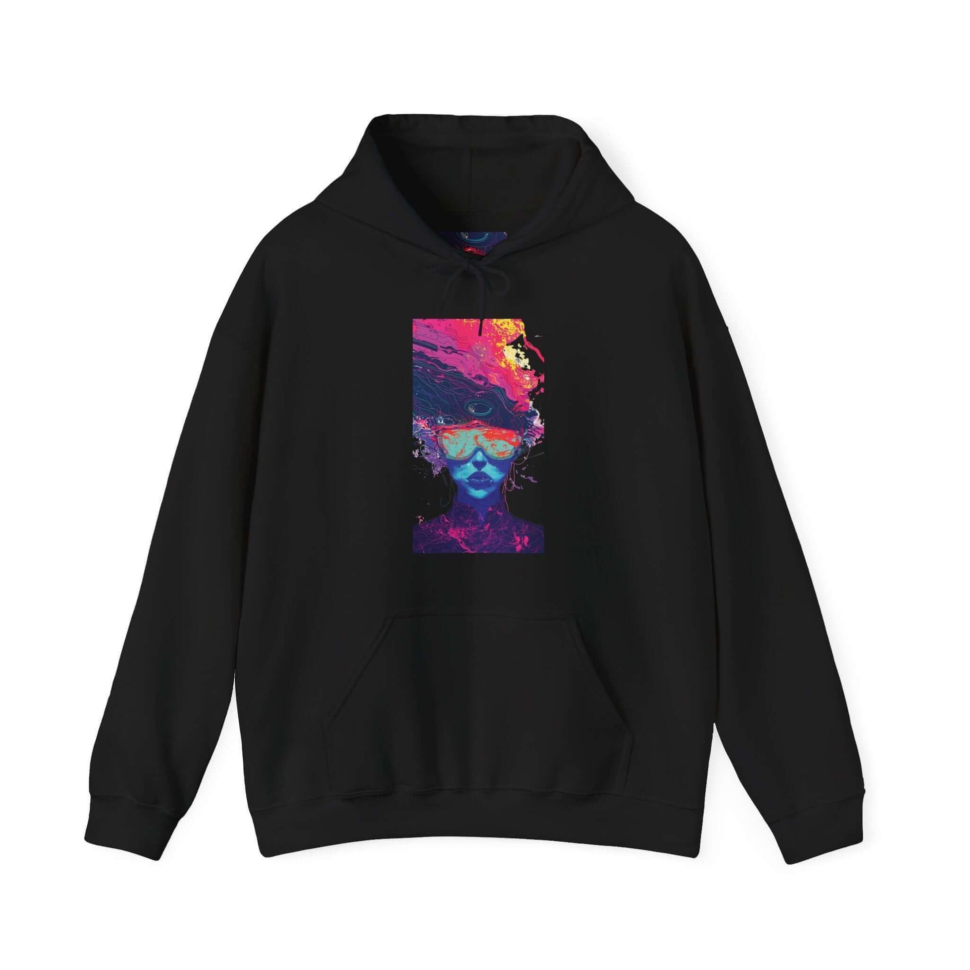 Unisex black hooded sweatshirt featuring a vibrant, psychedelic face design, perfect for those seeking bold graphic hoodies with style.