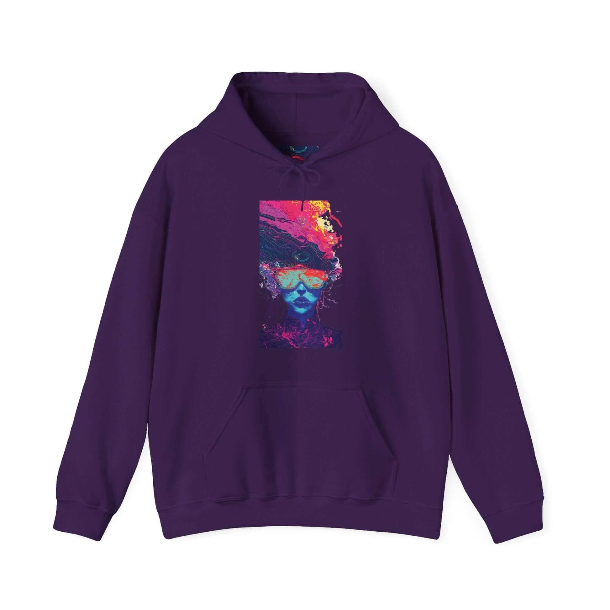 Boldly designed Psychedelic Trip III graphic hoodie in purple with vibrant, abstract face print, ideal for stylish comfort and warmth.