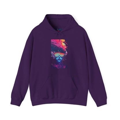 Boldly designed Psychedelic Trip III graphic hoodie in purple with vibrant, abstract face print, ideal for stylish comfort and warmth.