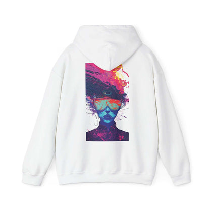 Back view of Psychedelic Trip III hooded sweatshirt with vibrant graphic design, blending bold colors and abstract art. Perfect for graphic hoodies enthusiasts.