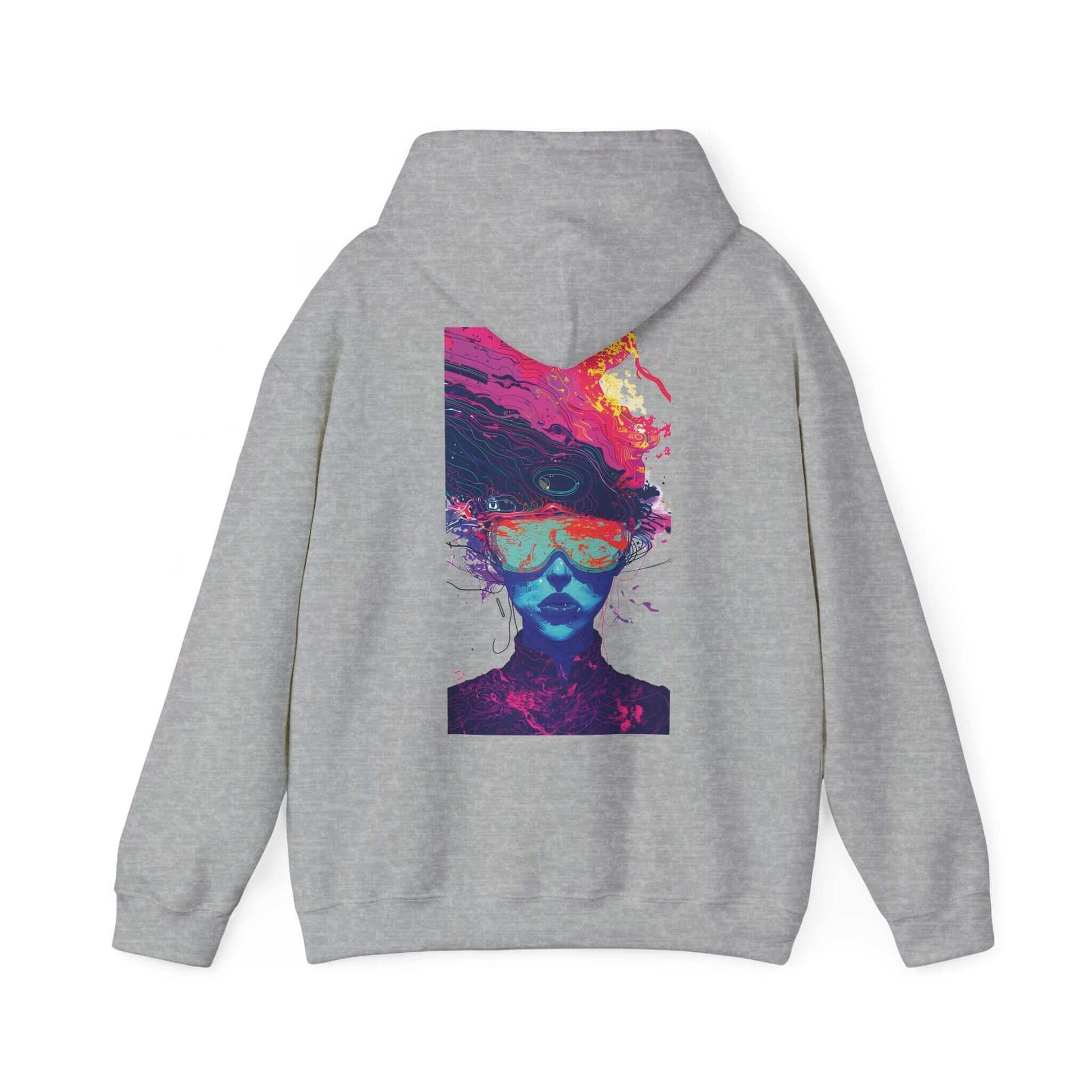 Unisex gray hoodie featuring a vibrant psychedelic face design in bold colors, part of the graphic hoodies collection.