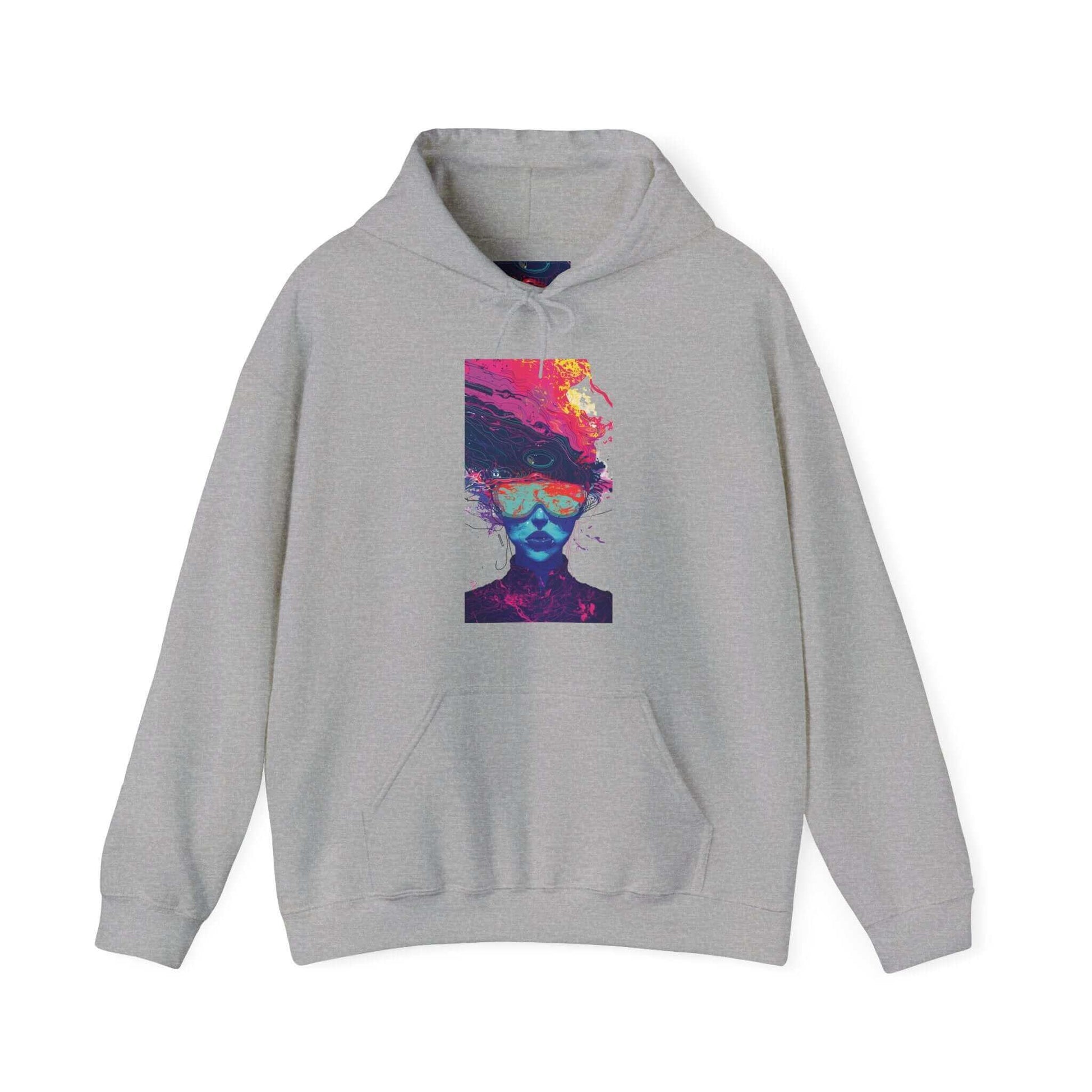 Unisex gray hooded sweatshirt featuring a vibrant, psychedelic face design, blending bold graphics with comfort and style.