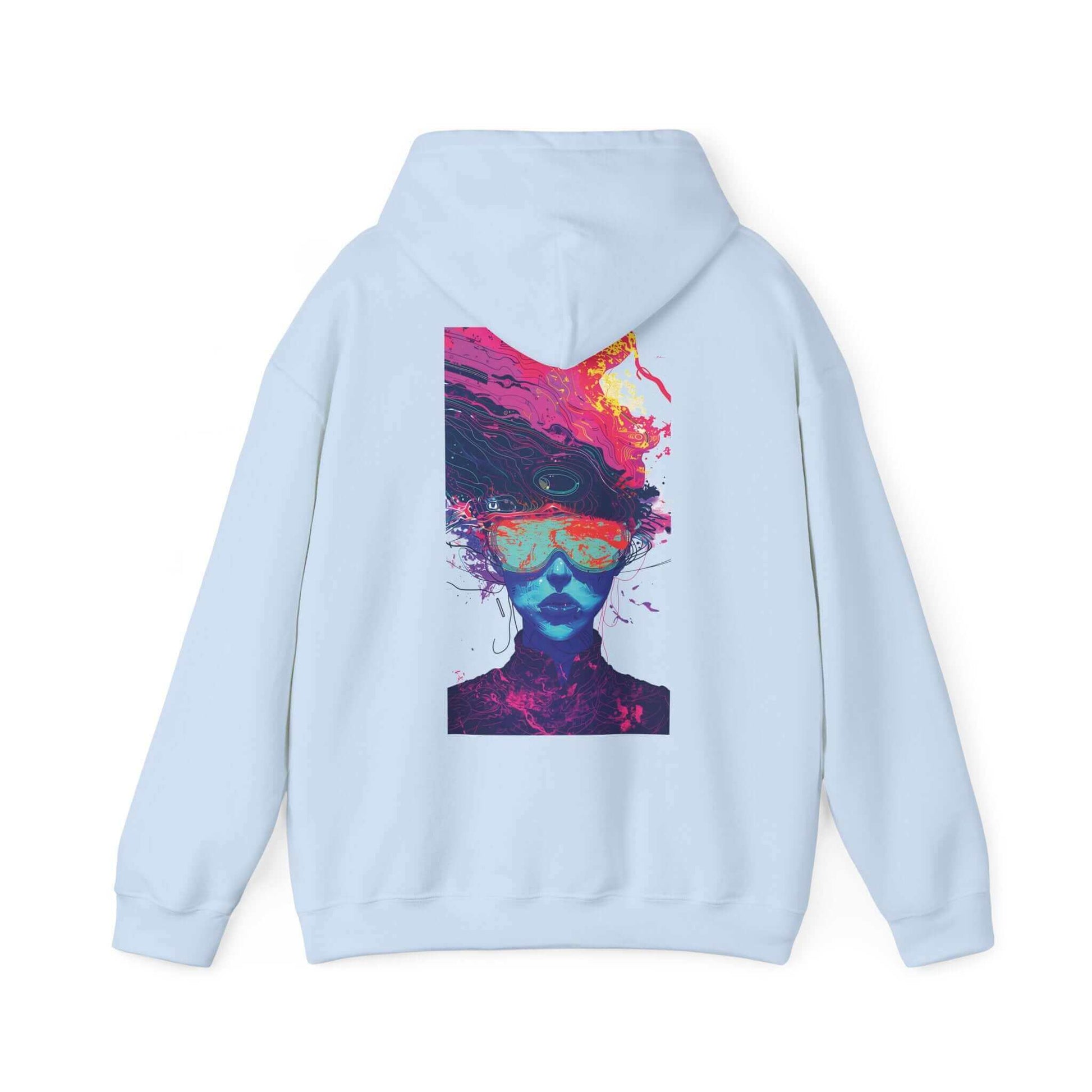 Light blue Psychedelic Trip III hooded sweatshirt with a bold, colorful abstract face design on the back, perfect for graphic hoodie enthusiasts.