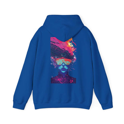 Bold blue graphic hoodie featuring a vibrant, psychedelic print of a face on the back, ideal for those who love unique, bold designs.