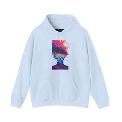 Psychedelic Trip III graphic hooded sweatshirt with a bold, colorful abstract design on a blue hoodie, showcasing creativity and style.