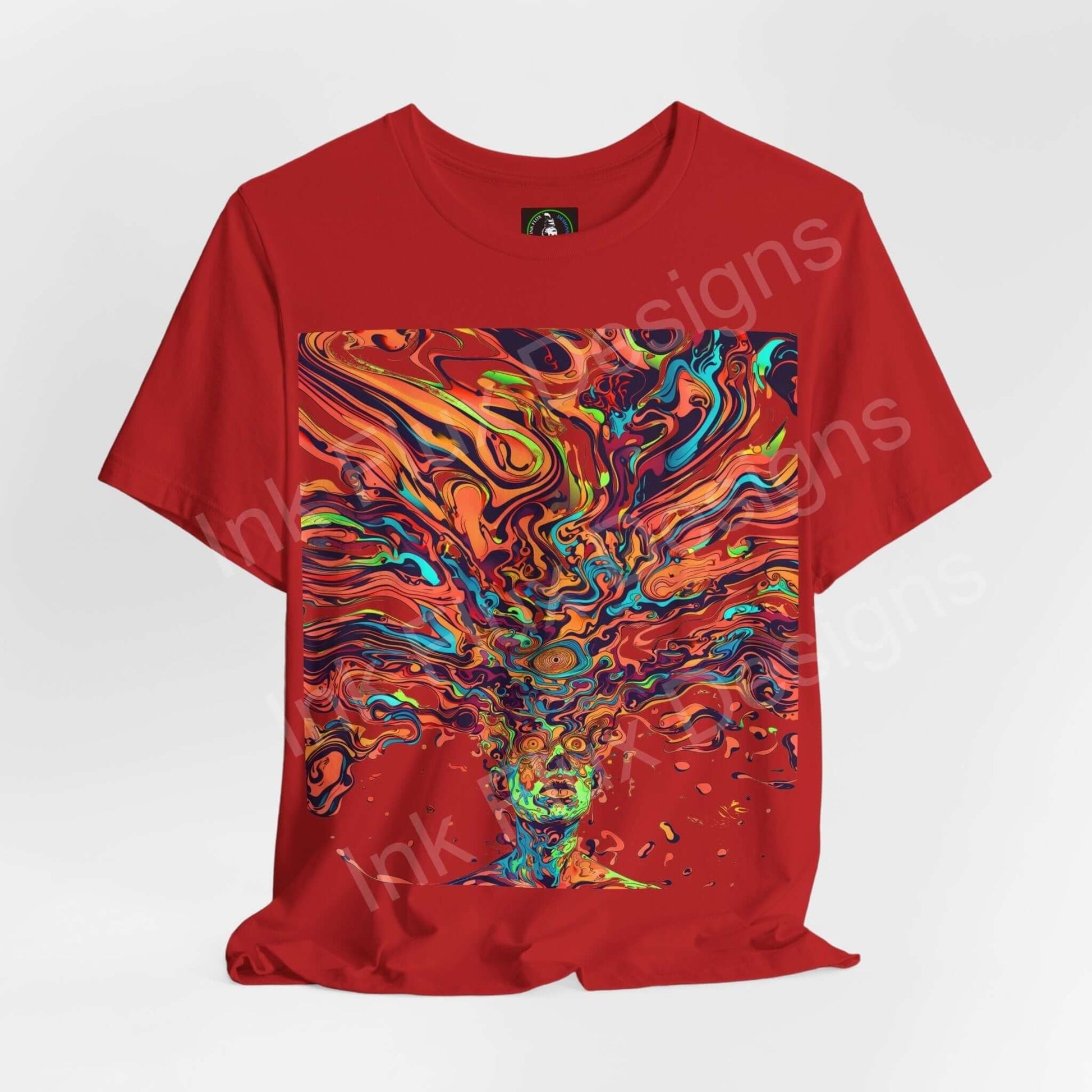 Red unisex T-shirt featuring bold, psychedelic graphic print in vibrant colors, ideal for trippy style enthusiasts.