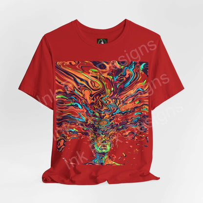 Red unisex T-shirt featuring bold, psychedelic graphic print in vibrant colors, ideal for trippy style enthusiasts.