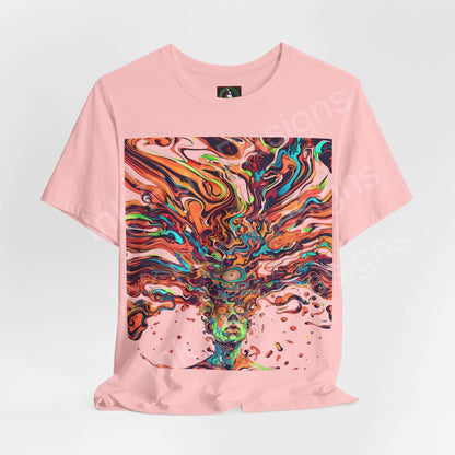 Pink unisex T-shirt with a bold psychedelic graphic print in vibrant swirls, designed for style and comfort.