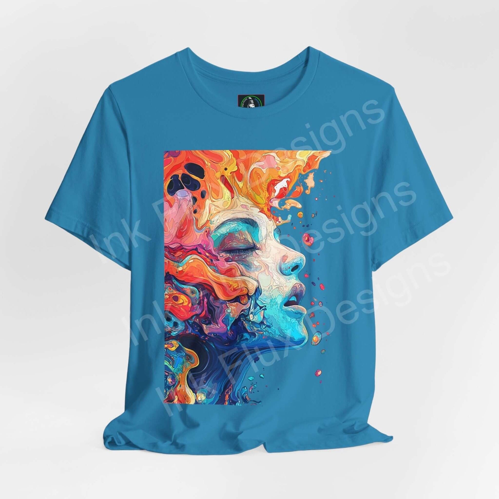 Bold graphic tee featuring a colorful, psychedelic design on a blue unisex T-shirt, perfect for a trippy, stylish look.