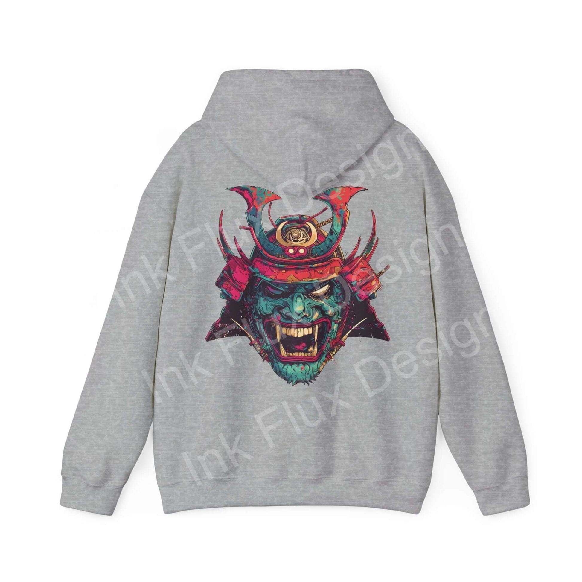 Unisex gray hooded sweatshirt featuring a bold samurai mask graphic design, ideal for a stylish, cozy look.
