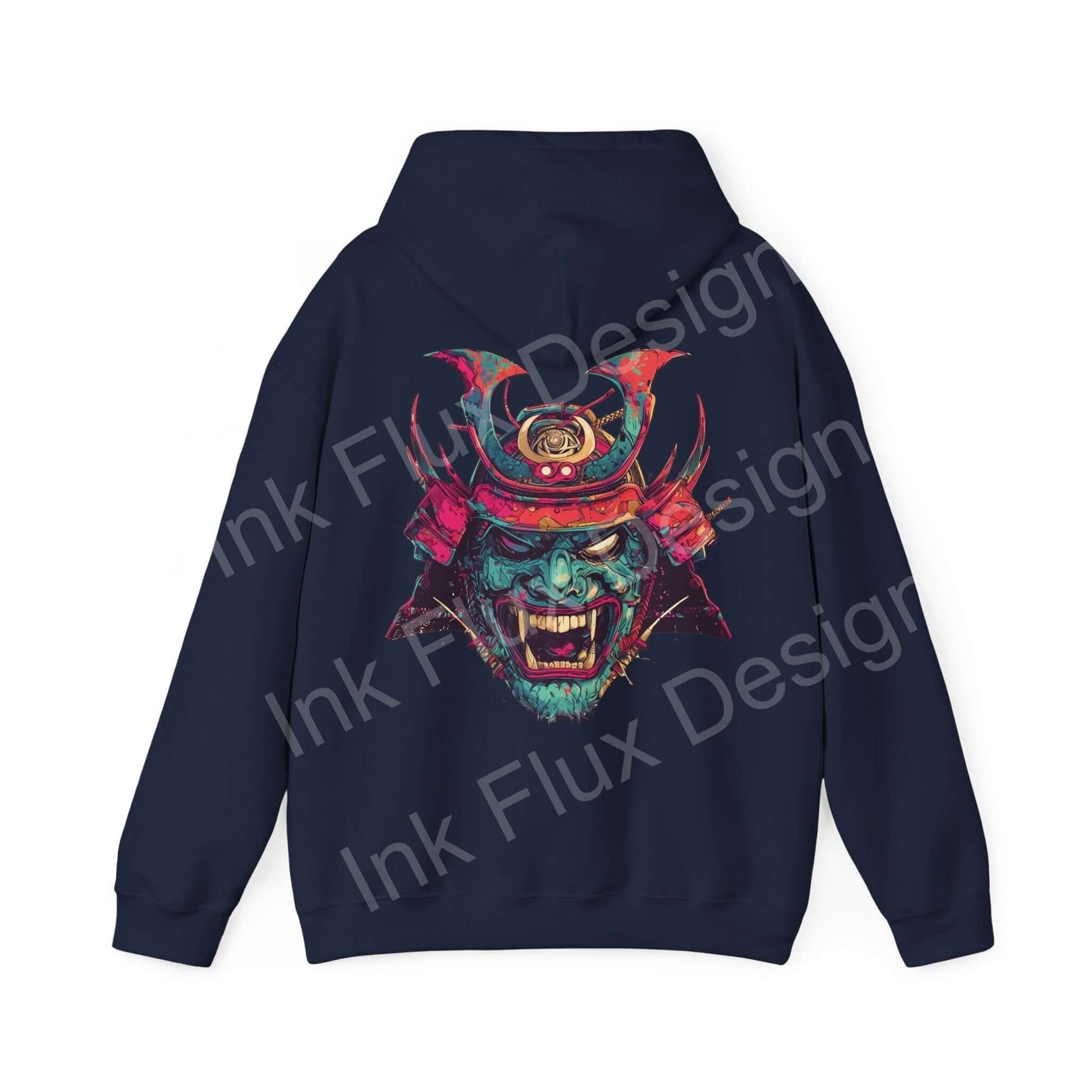 Back view of a dark navy Samurai Mask graphic hoodie, featuring bold, colorful design ideal for fans of unique and stylish hoodies.