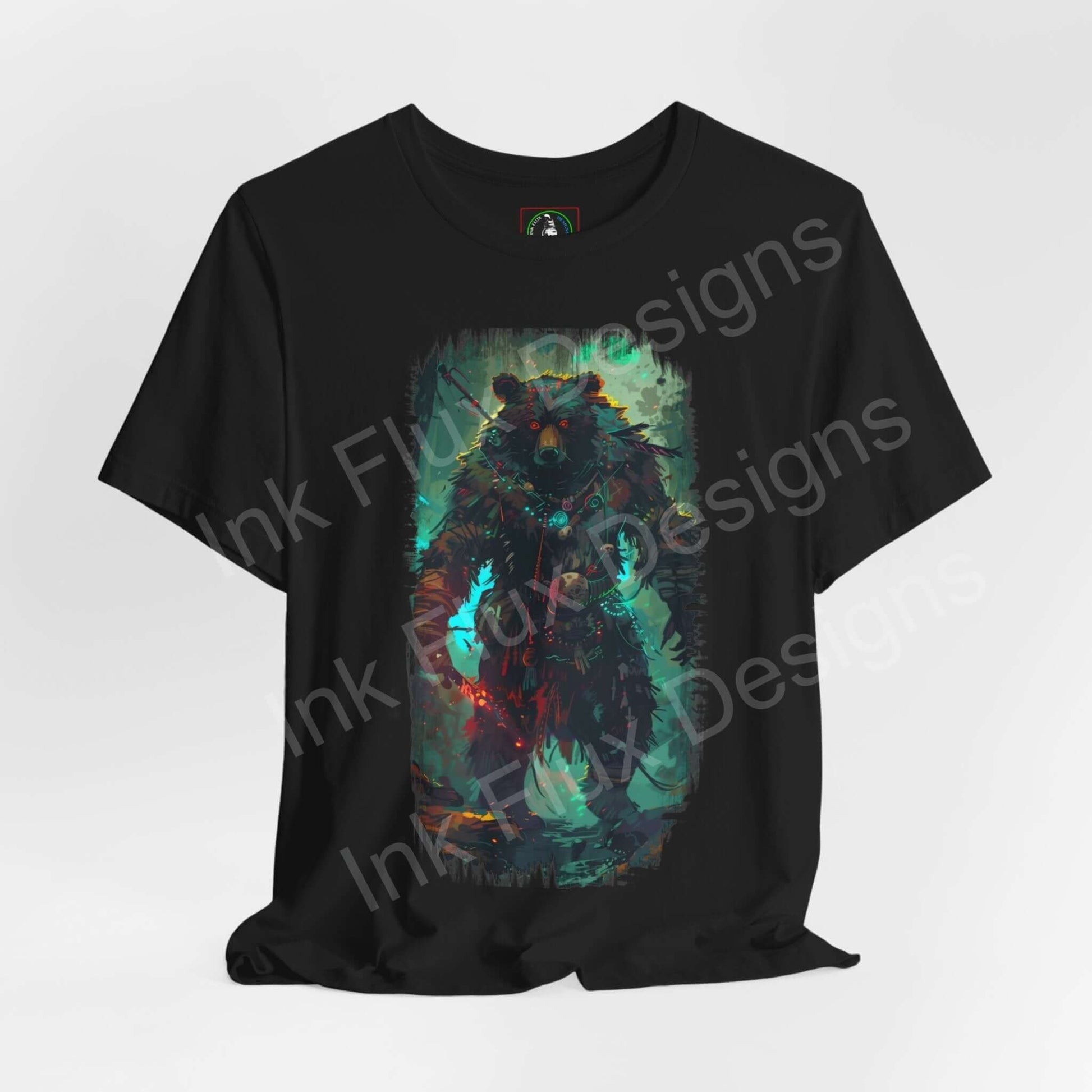 Black unisex T-shirt featuring vibrant Shamanistic Bear graphic, perfect for fans of spirit animals and ethically made clothing.