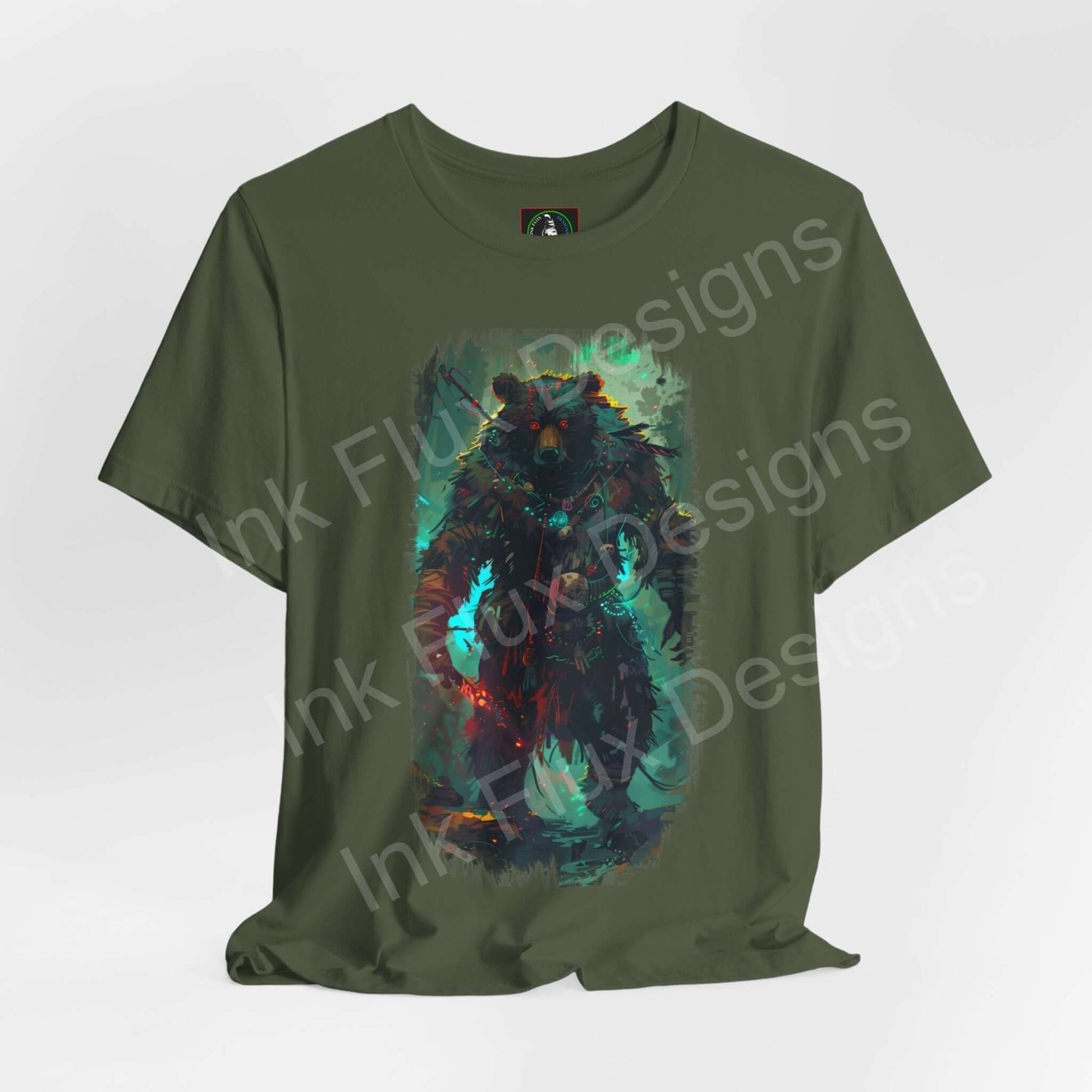Green graphic tee featuring a mystical bear design in vibrant colors, labeled as Shamanistic Bear by Ink Flume Designs, ideal for lovers of spirit animals.