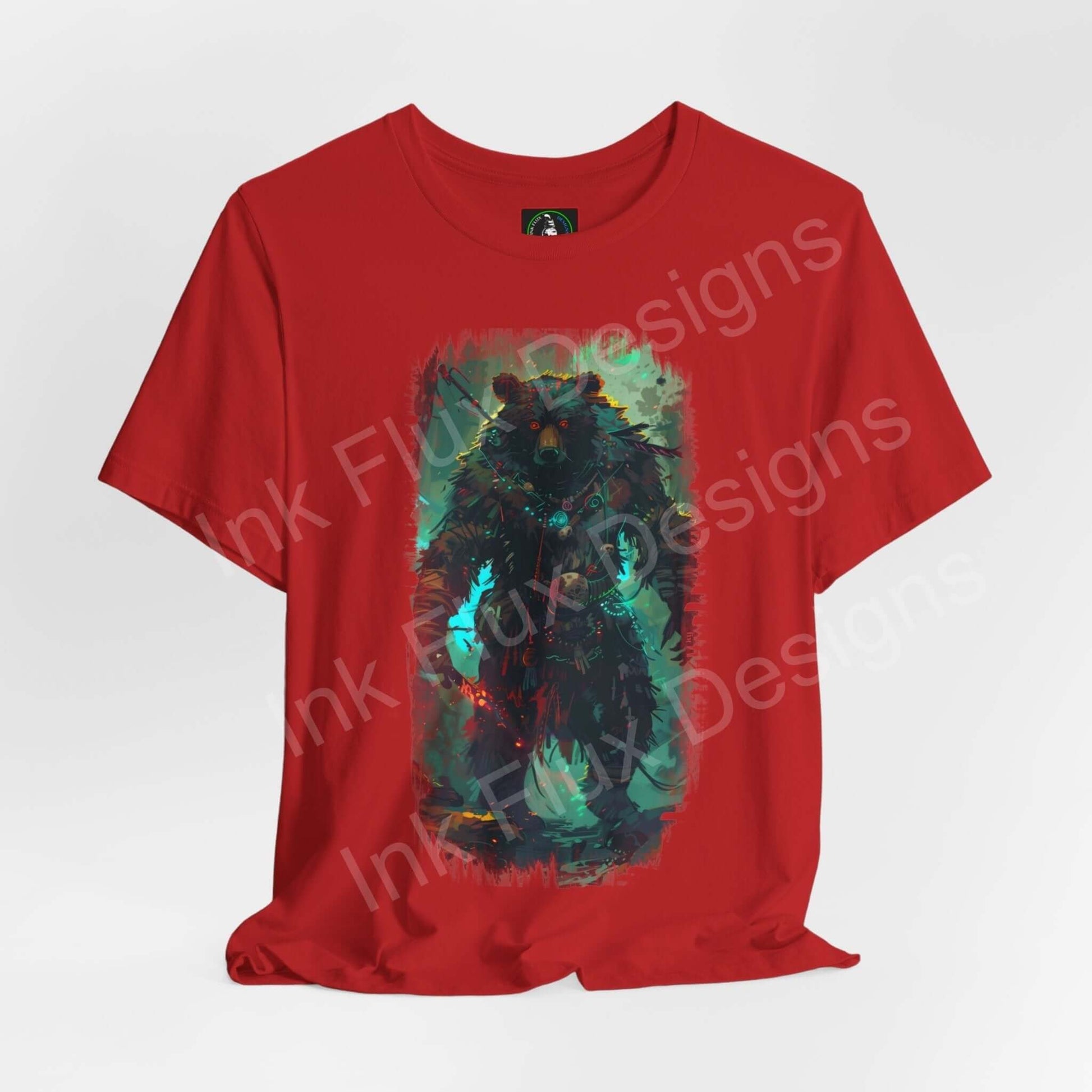 Red unisex graphic tee featuring a shamanistic bear design, part of the spirit animals collection by Bella+Canvas, highlighting ethically made and sustainable fashion.