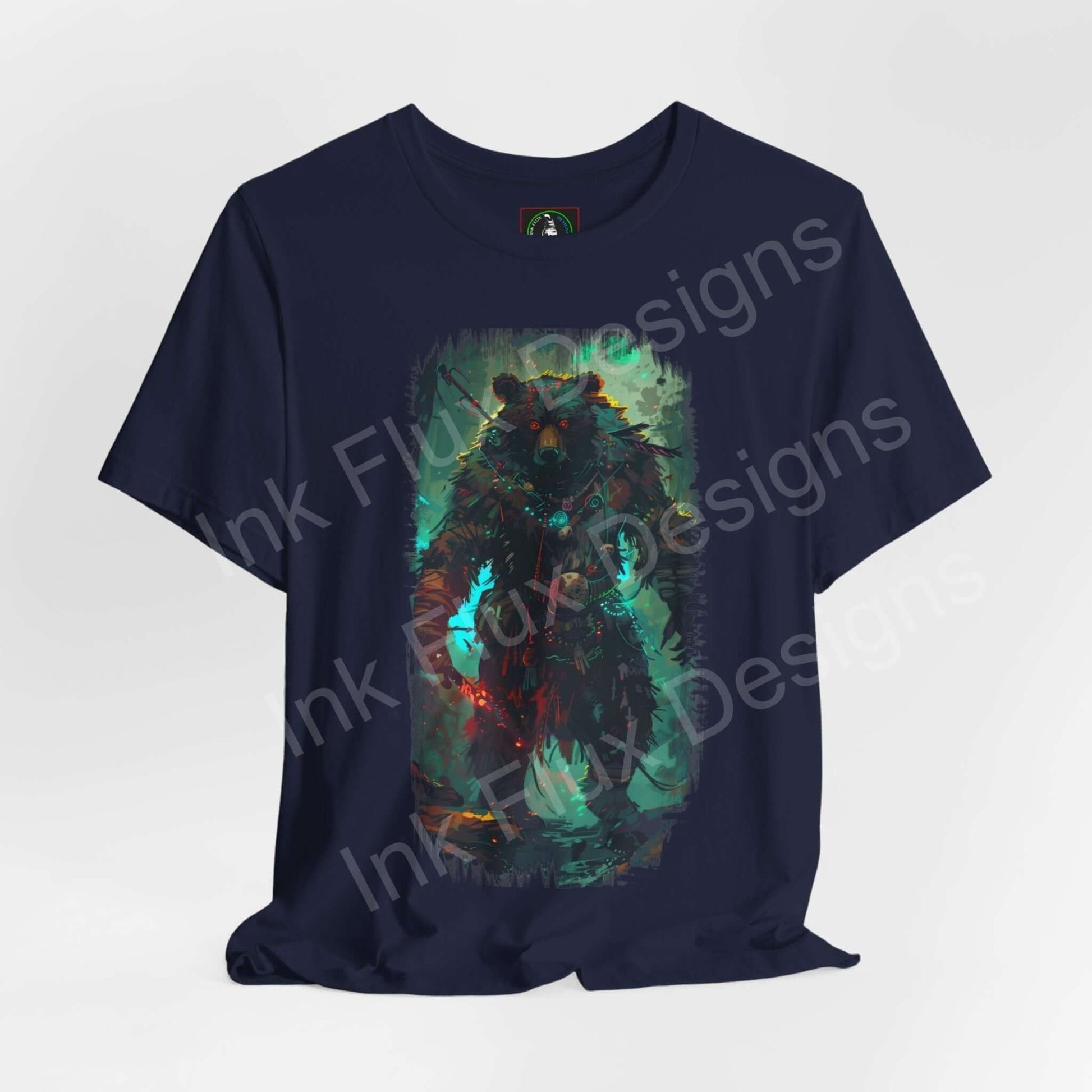Shamanistic Bear graphic tee in navy, featuring a vibrant spirit animal design on sustainable Airlume cotton, ideal for style and comfort.