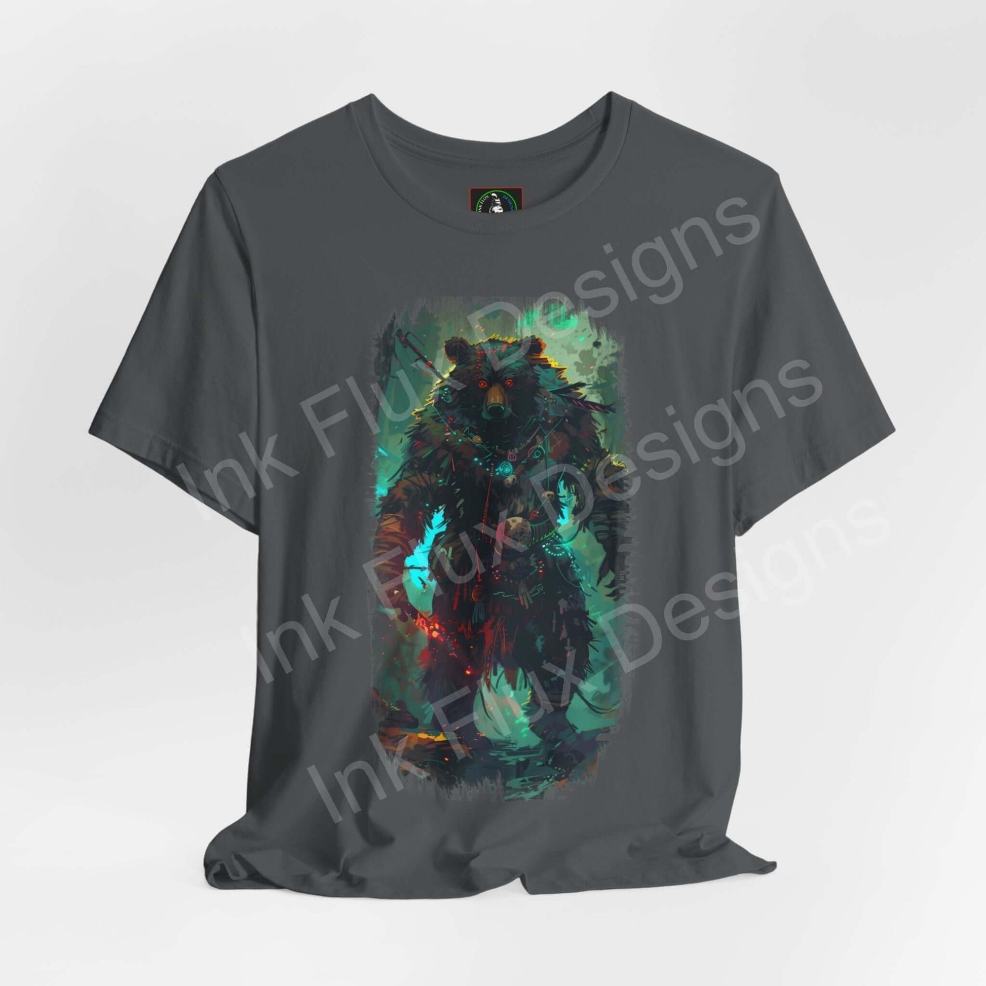 Unisex dark gray graphic tee featuring a vibrant shamanistic bear design, ideal for fans of spirit animals and ethically made clothing.