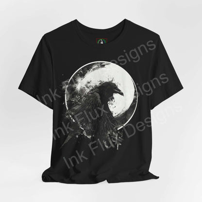 Black "The Raven II" graphic tee showcasing a detailed raven design within a moon, exemplifying a spirit animal motif on breathable Airlume cotton fabric.
