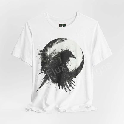 Unisex white jersey T-shirt featuring a black raven graphic with full moon, part of the 'The Raven II' collection, ideal for lovers of spirit animal themed Tees.