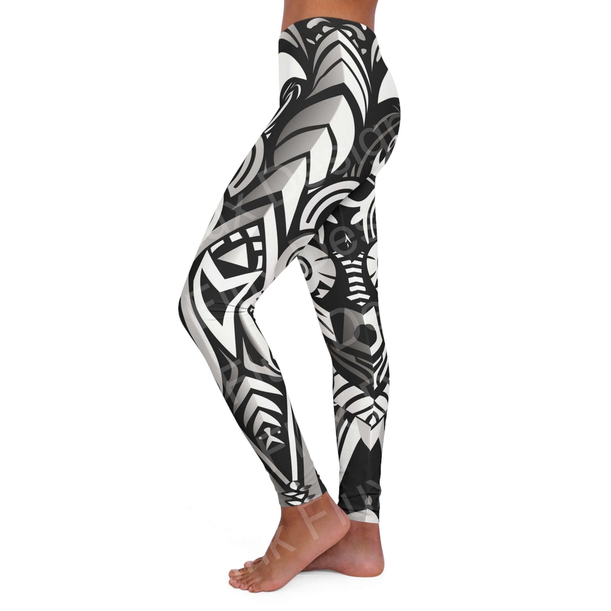 Side view of a woman wearing Trippy Leggings VIII featuring bold black and white designs, showcasing the stretchy fit and double layer waistband.
