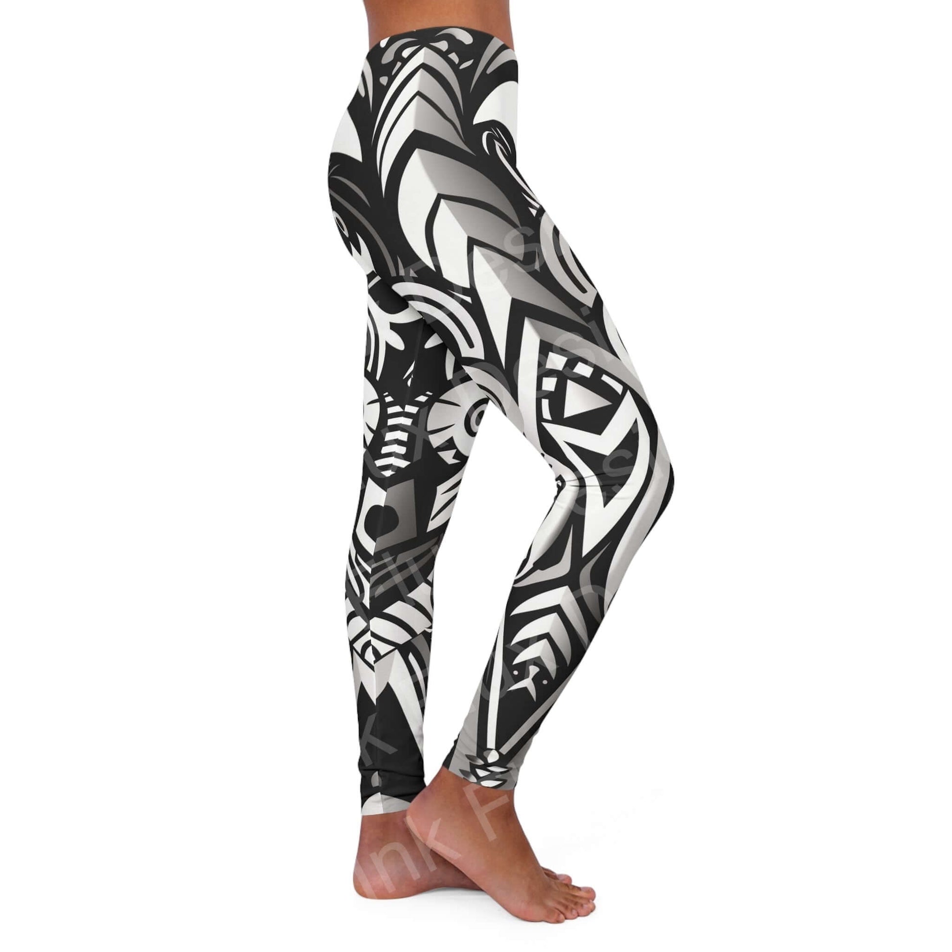 Side view of a woman wearing Trippy Leggings VIII with bold black and white abstract designs, showcasing the skinny fit and double-layer waistband.