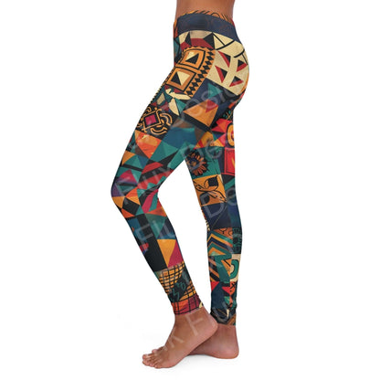 Side view of a woman wearing Trippy Leggings XIII with bold, colorful geometric patterns, showcasing the stretchy fit and double-layer waistband.