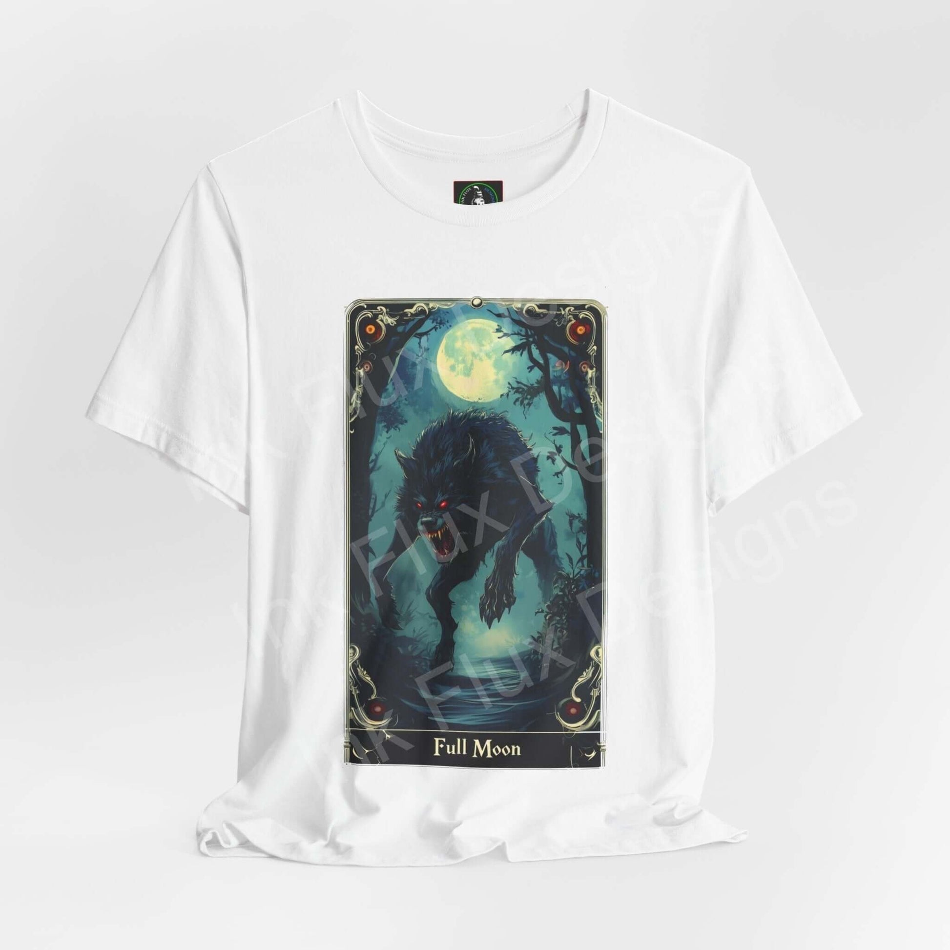 Halloween-themed graphic tee with a werewolf design under a full moon on a white unisex T-shirt.