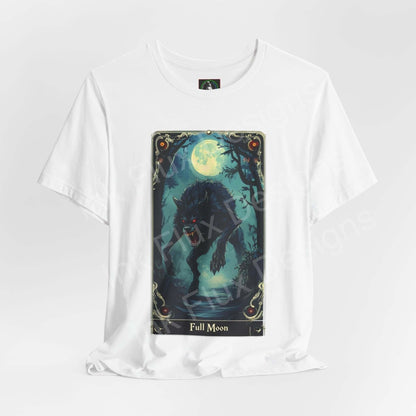 Halloween-themed graphic tee with a werewolf design under a full moon on a white unisex T-shirt.