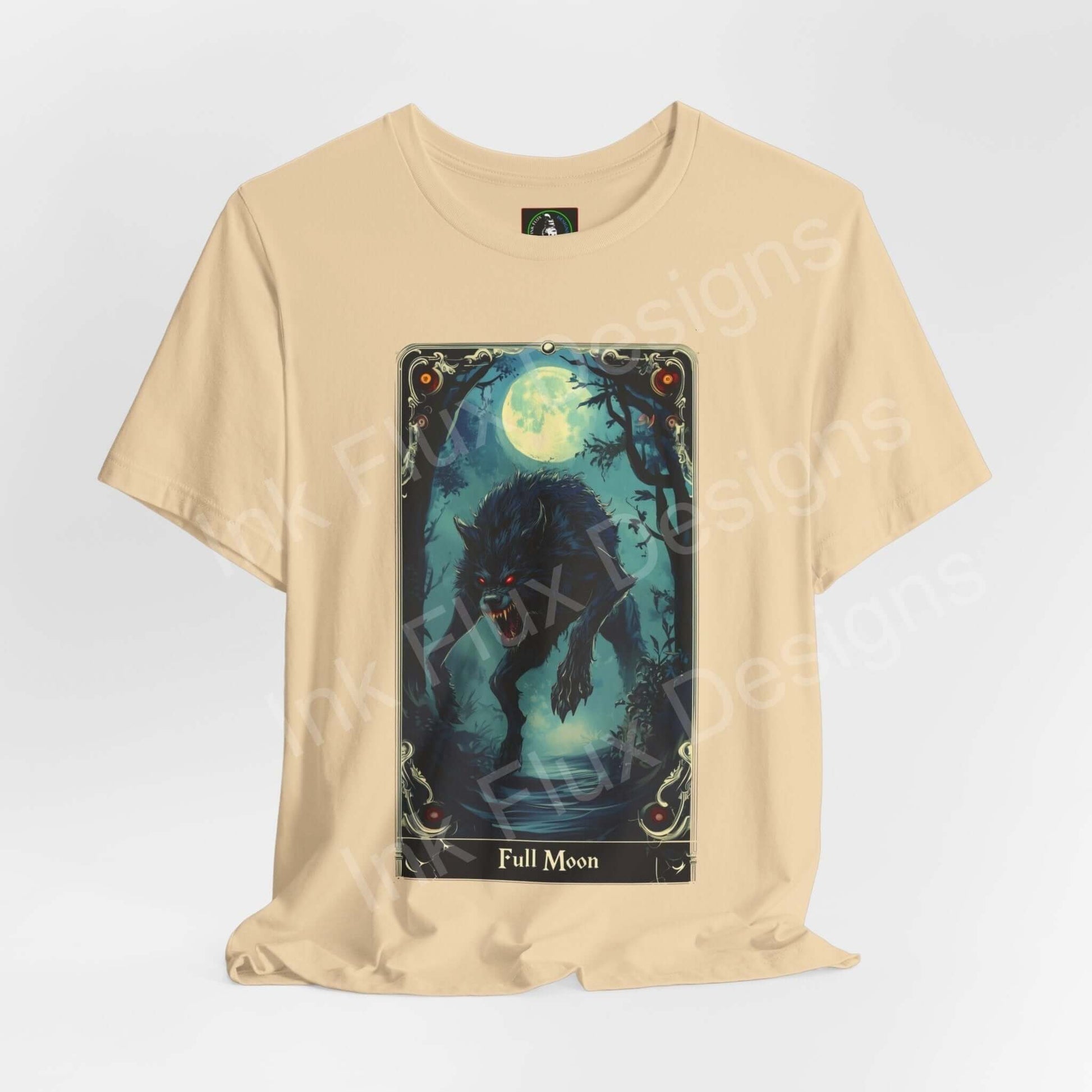 Beige unisex jersey T-shirt featuring a graphic print of a werewolf under a full moon, perfect for Halloween.